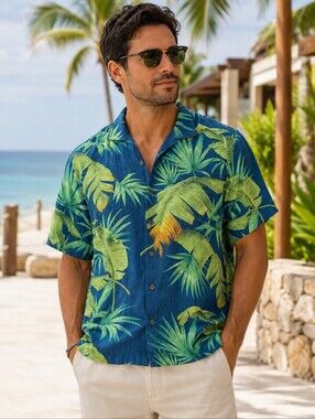 Tommy Bahama 100% Silk Tropical Hawaiian Camp Shirt Blue Green Palm Leaf Small